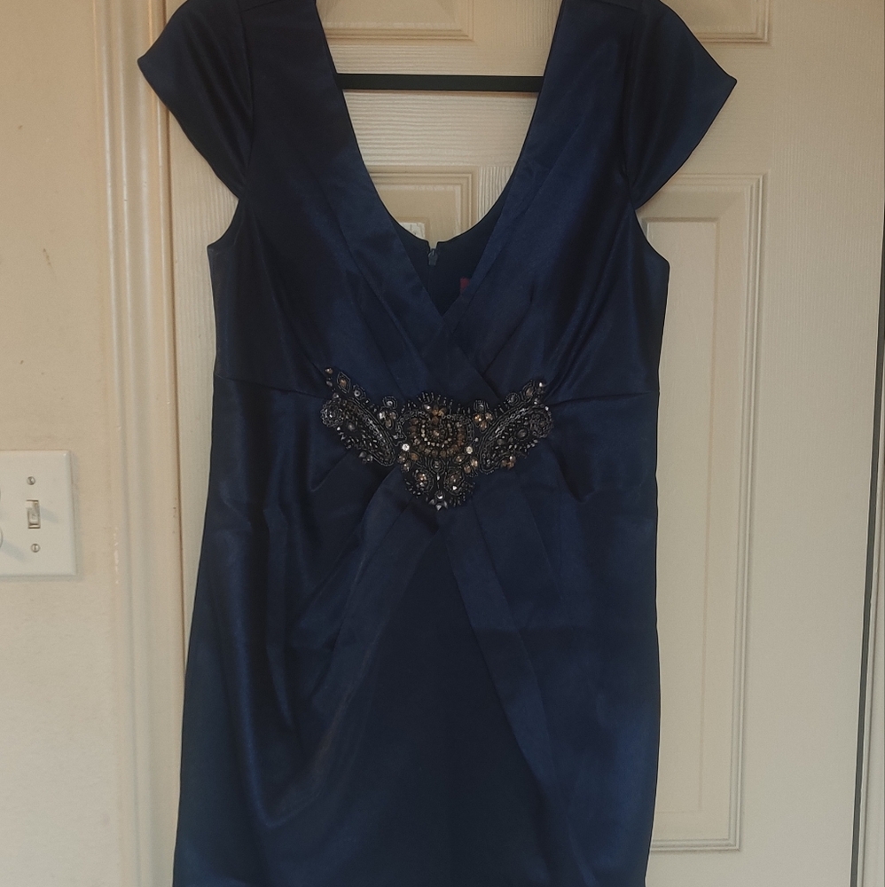 Js Collection Elegant Navy Blue Dress with Embellished Waist